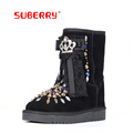 SUBERRY Top Quality Rhinestone Sheepskin Wool Women Snow Boots Lace Bowknot Luxury Fur Warm Boots Lady