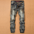 Mens Denim Jeans Slim Fit Stretch Pants Vintage Washed Motor Biker Patchwork Pantalons Pour Hommes Mode