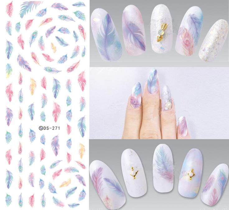 Image of DS271 Design Water Transfer Nails Art Sticker Harajuku Rainbow Feathers Nail Wraps Sticker Watermark Fingernails Decals