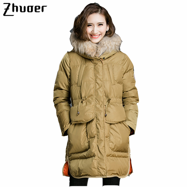 Zhuoer Высокое Качество 100% Хлопок Моды Пальто женские Зимние Плюс размер С Длинным Рукавом С Меховой Воротник Черный 5Xl Пуховик С Капюшоном куртка