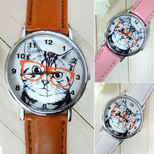 New Hot Wristwatches Unisex Men’s Women’s Glasses Cat Dial Faux Leather Strap Analog Quartz Wrist Watch 5HV8