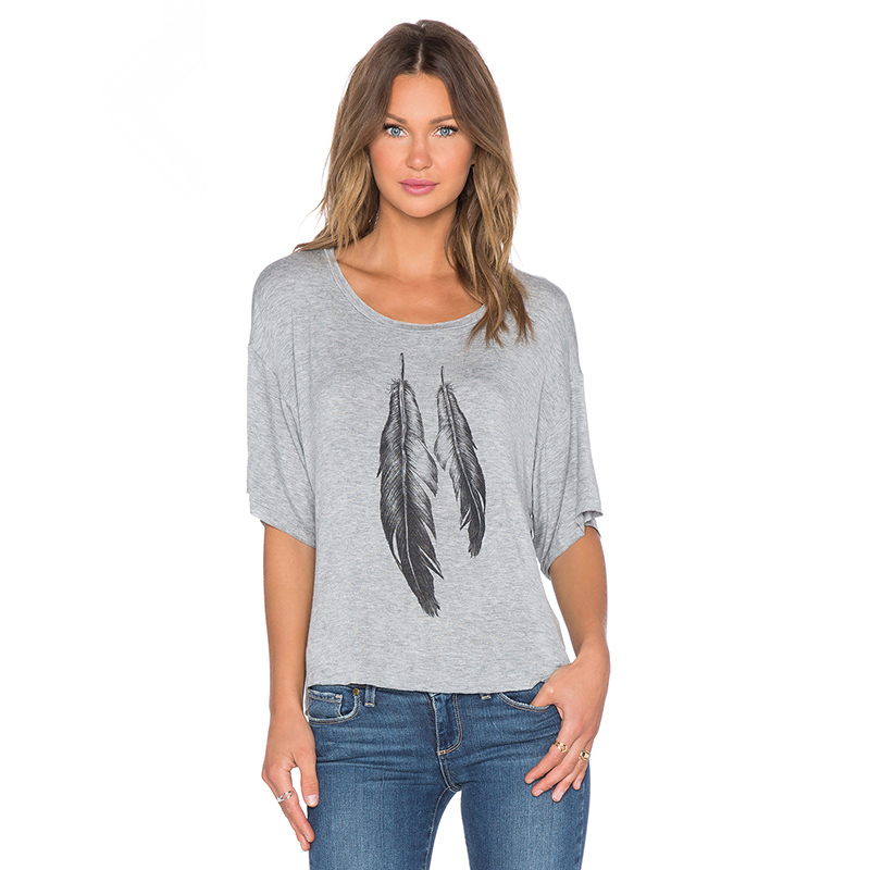 European street Style gray plumage print Lady Tops off shoulder loose Fashion wild female short-sleeved Women T-shirt  S2079