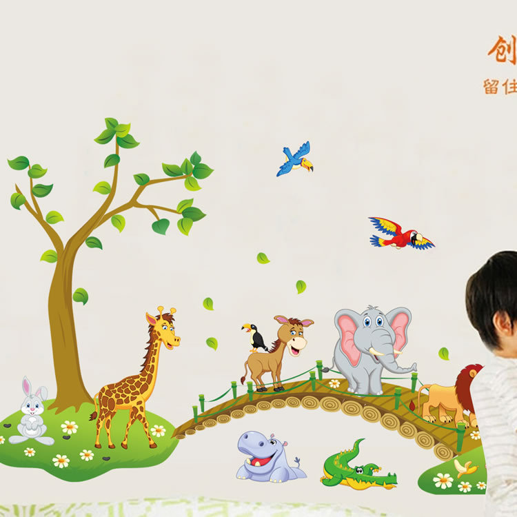 Image of Big Jungle Animals Bridge Vinyl Wall Stickers Kids Bedroom Wallpaper Decals Cute Anime Baby Children Cartoon Room Nursery Decor