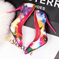 New High heeled Pumps Women Shoes High Heels Blue Orange Printing Shallow Mouth Thin Heel Pointed
