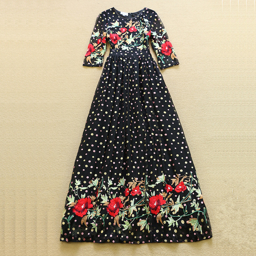 New 2016 women spring runway fashion Dress elegant flower embroidery prints designer maxi dress casual long beach dress D5245