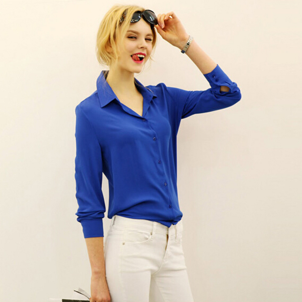 Image of Loose Solid Color Long Sleeve Chiffon Women Blouse White Black Blue Women Chiffon Blouse V-neck Spring Shirt Tops,Hot Selling