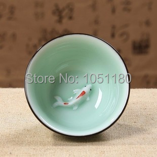 wholesale new high quality 6pcs Celadon teacup Ceramic tea cup porcelain 50ml gold fish with texture