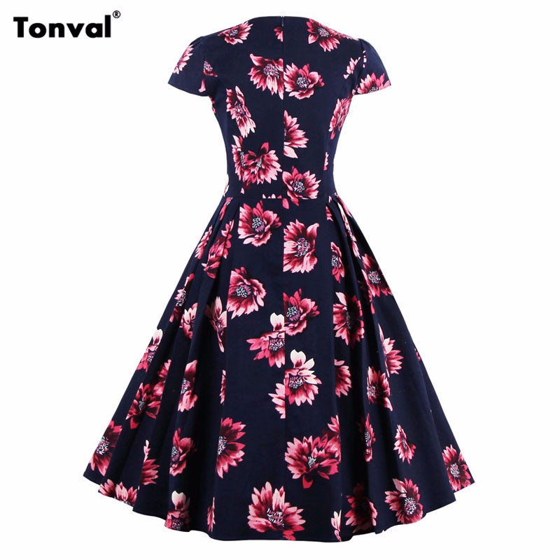 Tonval Summer Floral Vintage Women Plus Size S 4xl Retro Stunning Dress Cap Sleeve Rockabilly
