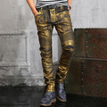Mens Gold Painted Biker Jeans Brand Luxury Men Skinny Jeans Slim Straight With Pocket Designs High