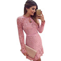 New Arrive Vestidos Women Fashion Casual Lace Dress 2017 O Neck Sleeve Pink Evening Party Dresses