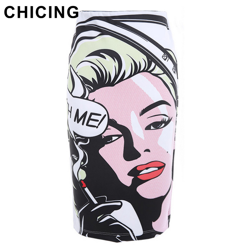 Image of CHICING 2016 Marilyn Monroe Print Casual Back Split High Waist Pencil Ladies Summer Slim Bodycon Tube Wrap Midi Skirts B1507005