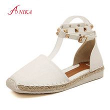 Large Size 34-43 Rivets Women Flat Ankle Strap Sandals 2016 Summer Soft Leather Design Flats Espadrilles Weave Shoes Woman