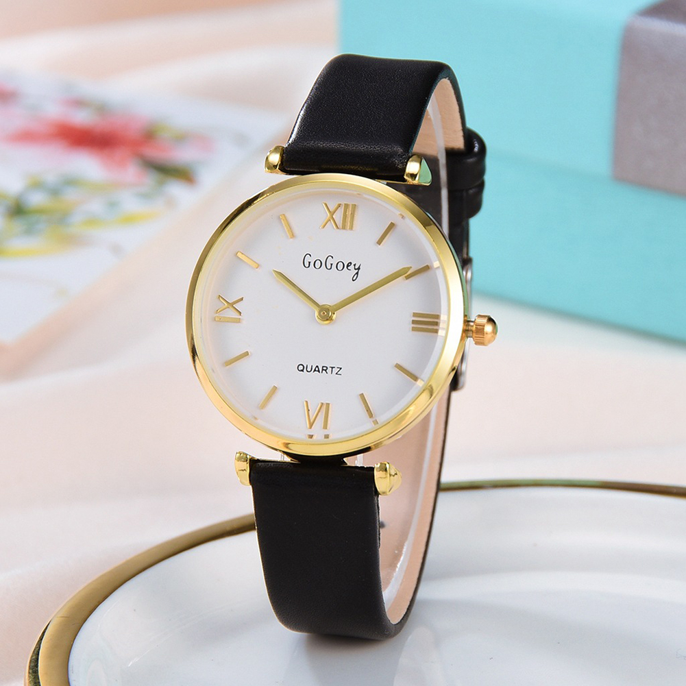 Sanwood Business Women Roman Number Round Dial Faux Leather Band Quartz