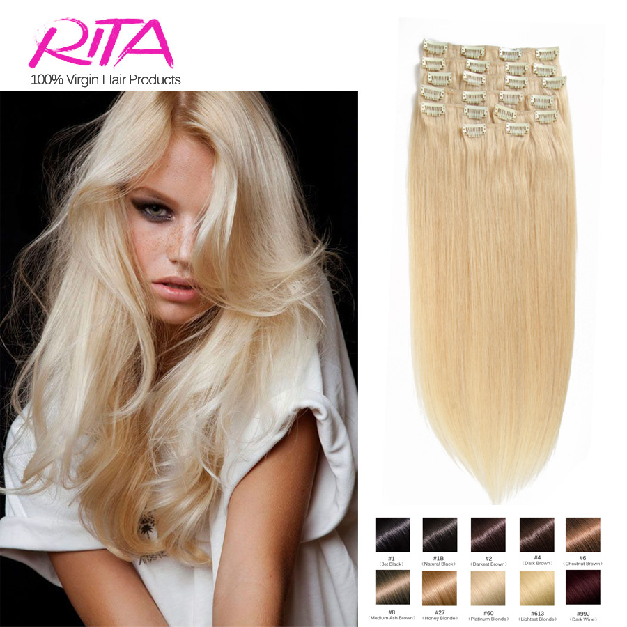 Image of Color 60 # Clip in Human Hair Extensions Blonde Human Hair Clip In Extensions 70g-140g Platinum Blonde Remy Human Hair Clip In