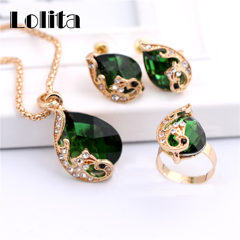 Image of Free shipping New Fashion 18k Yellow Gold Filled Clear Resin Crystal Peacock Necklace Earring Ring Wedding Jewelry Set ST062