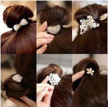 Image of 1001 4pc women imitiation pearl diamond elastic hair bands rope headdress tiara de cabelo fast bun hair for girl gum Scrunchy