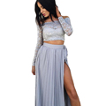 High Waist 2 Piece Set Women Off Shoulder Lace Crop Top and High Slit Maxi Chiffon