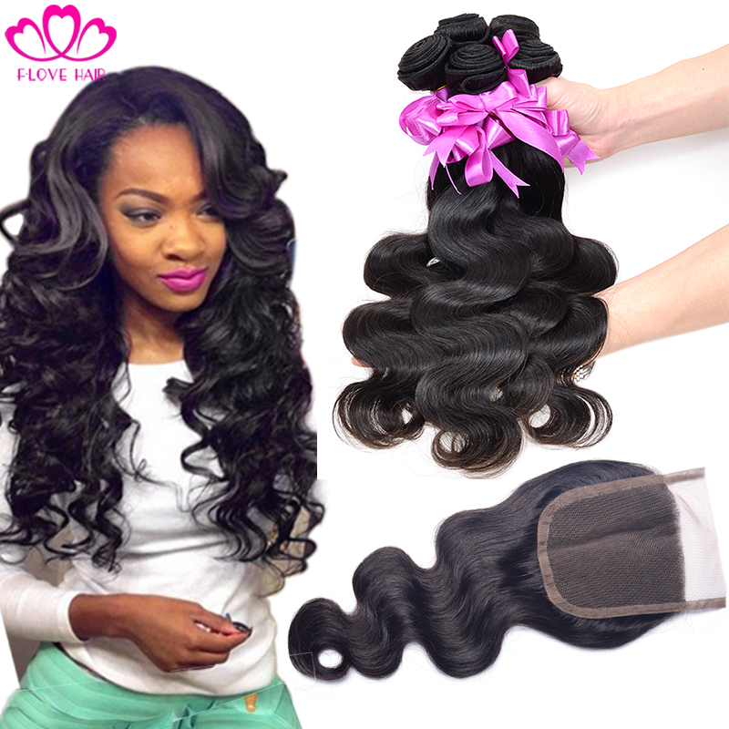 Image of 7A Peruvian Virgin Hair With Closure Unprocessed Peruvian Virgin Hair Body wave With Closure 4"x4" lace closure with bundles