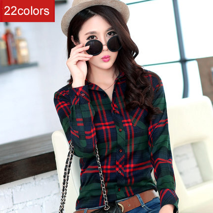 Image of 2016 spring new Fashion 16 colors girl's plaid flannel casual shirt female long sleeve plaid shirt ladies plus size women's Tops
