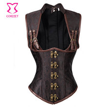 Brown Collared Cupless Steampunk Clothing Women Waist Training Underbust Corset Plus Size Steel Boned Corsets And Bustiers