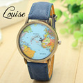 Louise Hot 1PC Women New Global Travel By Plane Map Fashion Dress Watch Denim Fabric Band