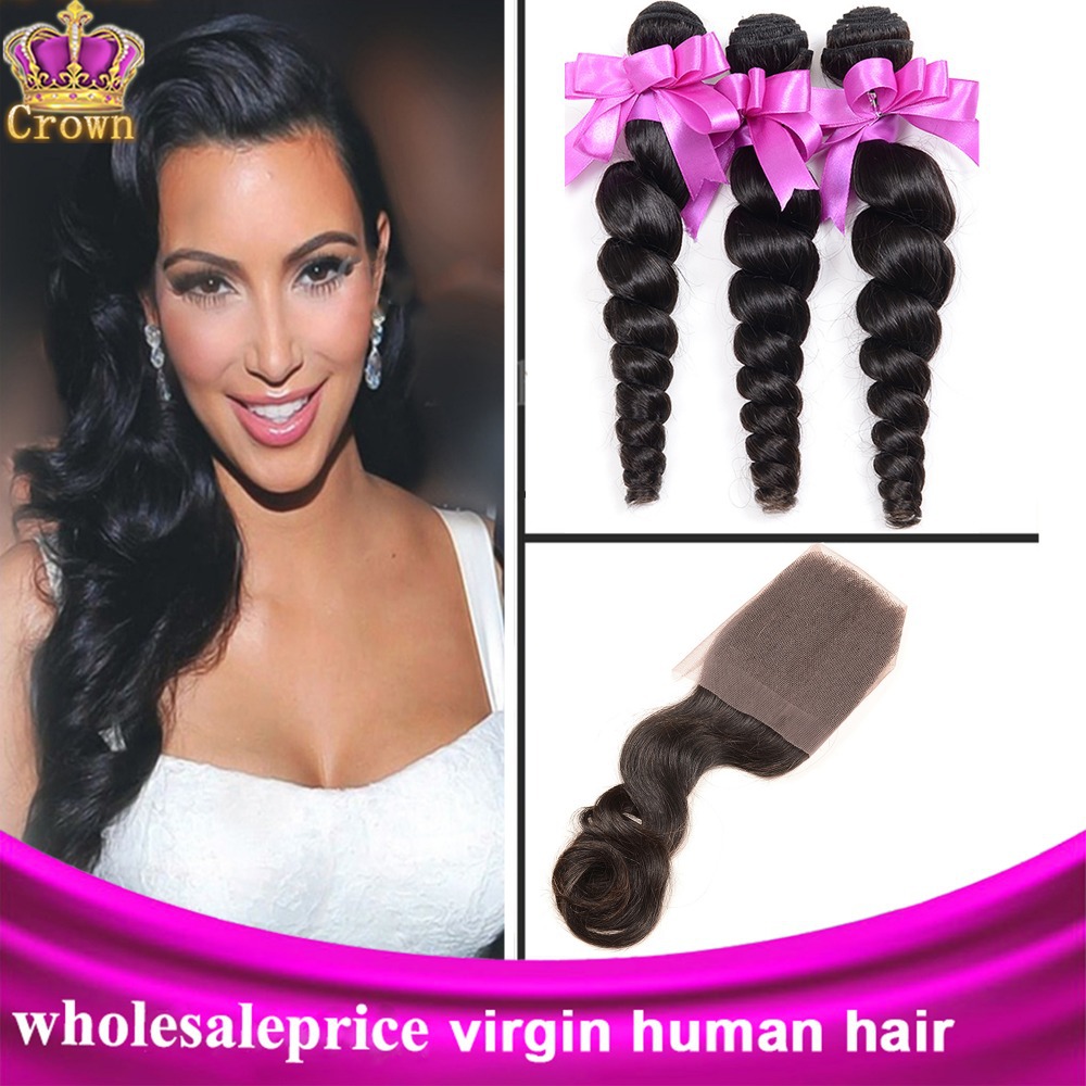 Image of Peruvian Virgin Hair With Closure 3pcs Virgin Peruvian Loose Wave With Closure 10"-16" 4x4 Loose Wave Lace Closure With Bundles
