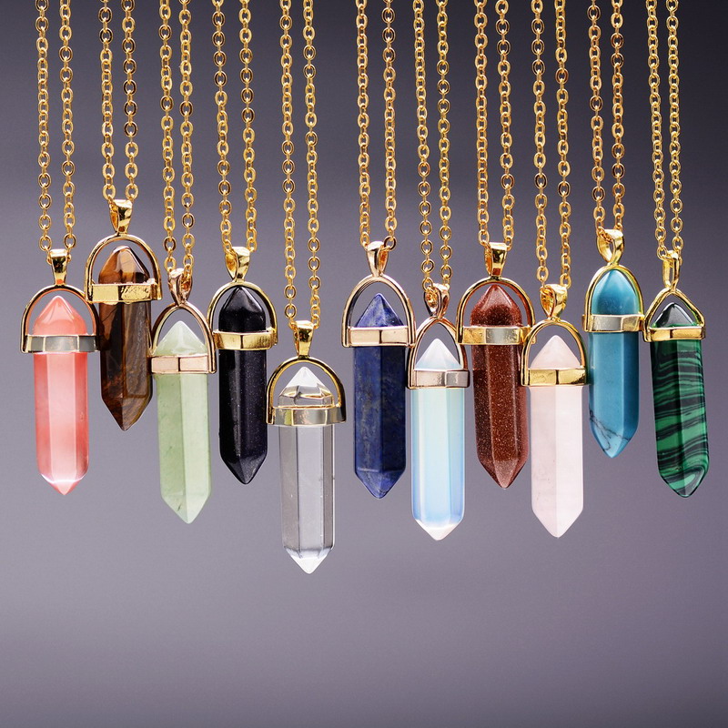 Image of 11Colors Gold Plated Natural Stone Opal Pendant Necklace For Women Bullet Shape Turquoise Crystal Gem Stone Necklaces