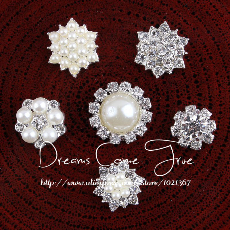 Image of (20pcs/lot) 6 Styles Cute Trendy Handmade Metal Rhinestone Pearl Button Clear Artificial Alloy Crystal Flatback Wedding Buttons