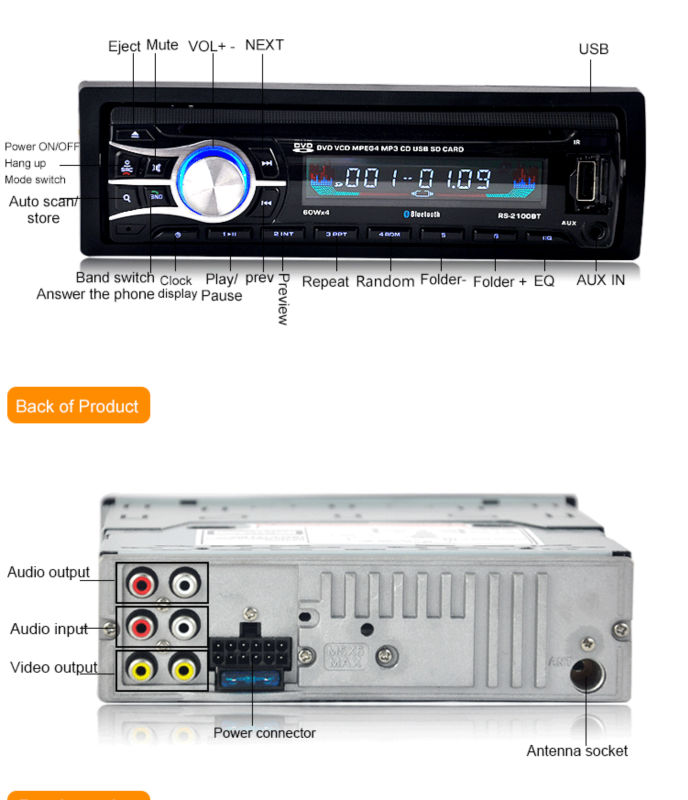 2016 New 12V Car CD DVD Player Stereo FM Radio MP3 Audio Player Support Bluetooth Phone with USB/SD MMC Port In-Dash 1 DIN 2100 2016 New 12V Car CD DVD Player Stereo FM Radio MP3 Audio Player Support Bluetooth Phone with USB/SD MMC Port In-Dash 1 DIN 2100