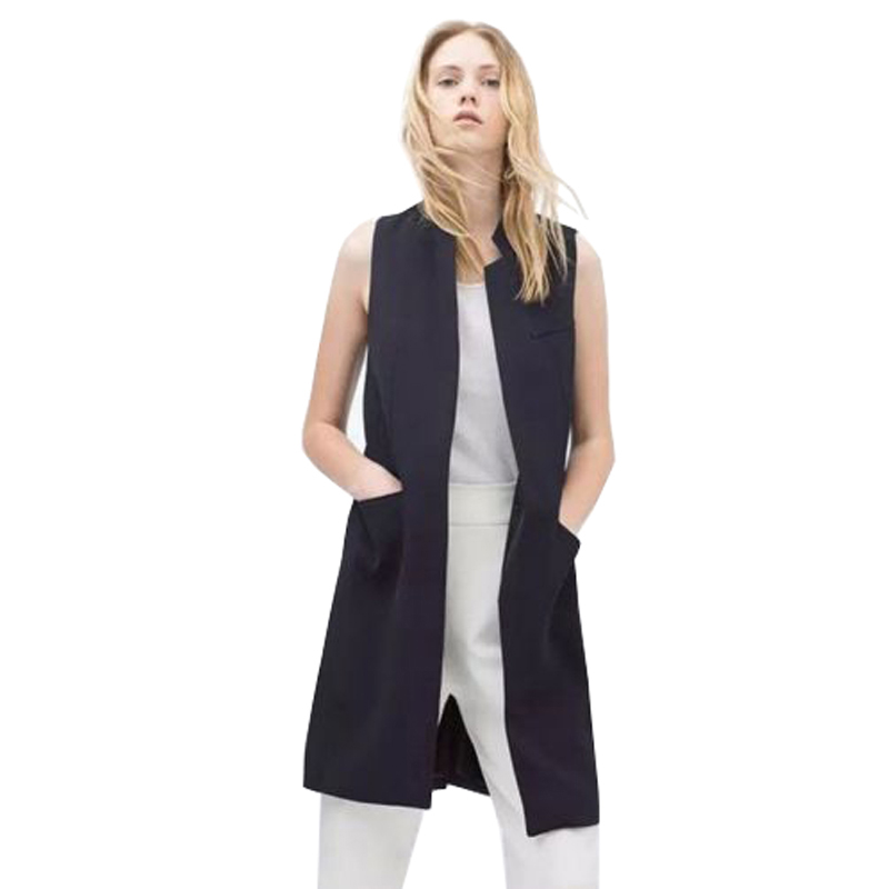 VESTLINDA Long Vest Back Split Outwear Waistcoats Women White Black Jacket Coat Sleeveless Cardigan Pocket Blazer Vest Femme Top 4