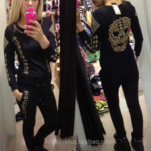 New 2014 sport suit women QLZ skull sweatshirt+pants hoodies tracksuits clothing black white pullover sport sportswear one set
