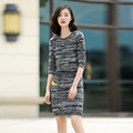 Women s O neck long sleeves color thread pure cashmere knitting slim fitting knee length pullover