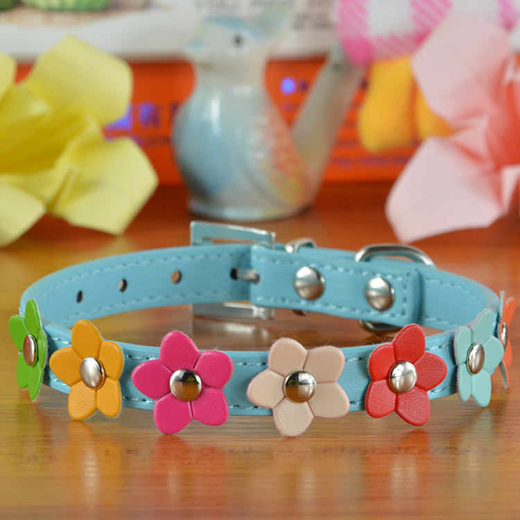 Image of Fashion 5Colors 4 Sizes Leather Puppy Pet Dog Collar Cat Neck Strap Necklace with Studded Sweet Flower