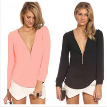 AliExpress |NEW Fashion 2015 Autumn V Neck Long Sleeve Zipper Sexy Chiffon Blouses Women work wear Blusas Femininas Tops 6 Color Solid W9175