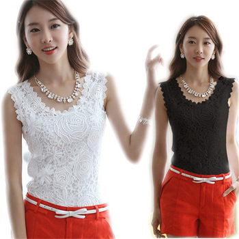Image of 2015 Plus Size XXL Summer Women Blouse Lace Vintage Sleeveless White Black Crochet Casual Shirts Tops