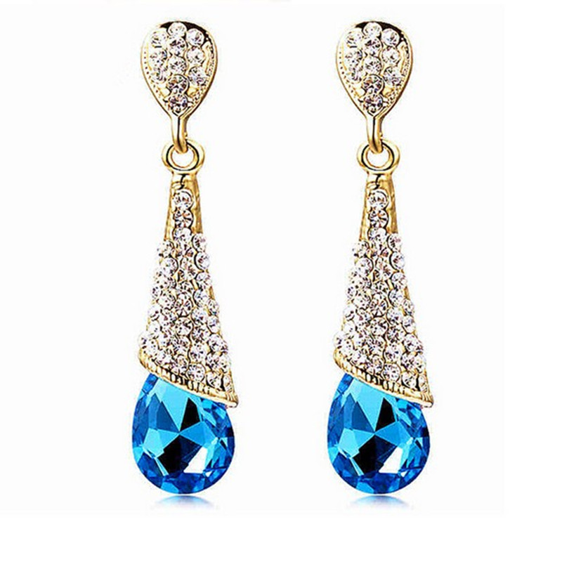 Image of E162-2015 Luxury Brand Statement Jewelry Austria Blue Crystal Long Earrings Rhinestone Water Drop Elegant Gold Earring 2 Colors