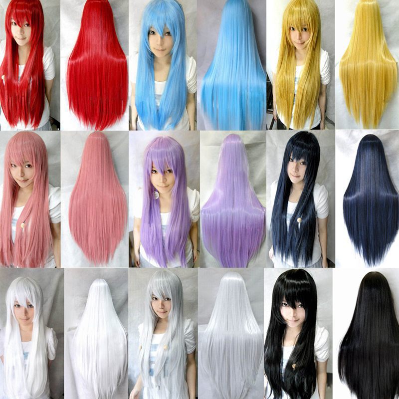 Image of 9 colors women heat resistant Pink Black Blue Red Yellow white Blonde Purple straight cosplay wigs 80cm