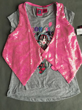 2015 Monster High T shirt Girls Cotton Short Sleeve 2 Piece Gray Shirt+Pink Vest Children Clothes for Kids Monster Hight BL20