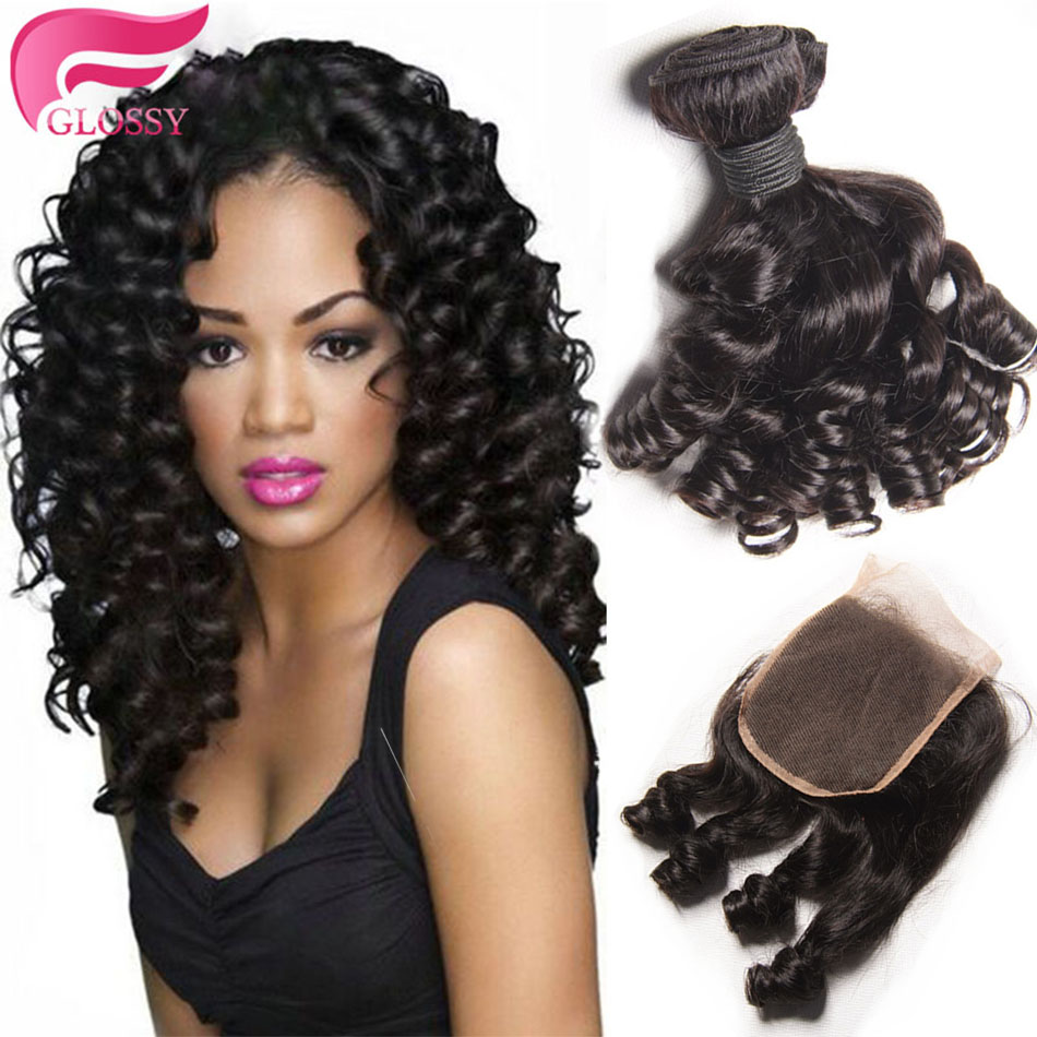 Image of 7A Aunty Funmi Hair With Closure 3 Hair Bundles With Lace Closures Brazilian Virgin Hair Bouncy Curly Hair Weft With Closure