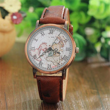 2016 Rushed Glass New Fashion Design Men Vintage World Map Roman Dial Analog Leather Strap Quartz
