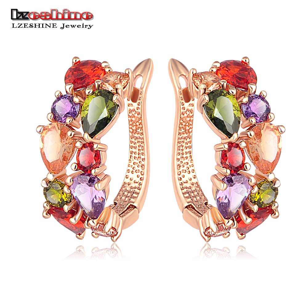 Image of LZESHINE Top Sale New Flower Earrings 18K Rose Gold Plate Multicolor Cubic Zircon Stud Earrings for Women Bijoux Brinco CER0143