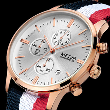 Megir cronógrafo resistente al agua calendario completo trabajo de mano 6 del arco iris de NyLon correa militar Relojes de cuarzo Relojes de hombre Relojes
