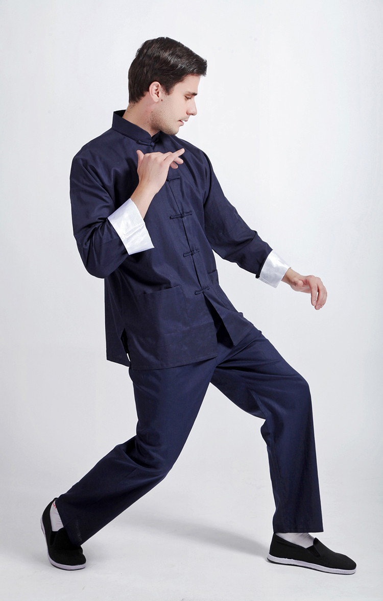 Big Discount Free Shipping Navyblue Chinese Style Mandarin Collar Men s Long Sleeve Kung Fu Suits