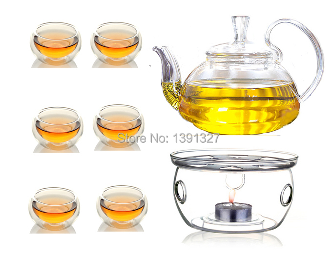 Borosilicate Clear Glass Teapot Tea Set Manually Blow molded Warmer 6 Double Wall Cups 10 Candles