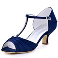 Shoes Woman Navy Blue Low Heel Rhinestone T Strap Pumps Satin Bride Bridesmaid Prom Evening Shoes
