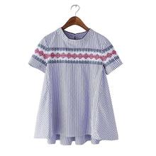 Korean Fashion 2016 Women Vintage Striped Print Blouse Geometric Embroidery Short Sleeve O-Neck Loose Casual Tops Shirts