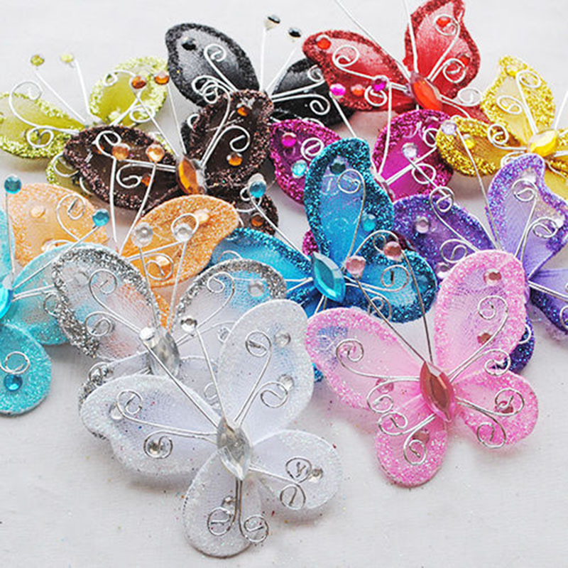 Image of 10Pcs Mixed Organza Wire Rhinestone Butterfly Wedding Decorations For Scrapbook Home Decor Party Accessories