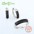 Wedding Jewelry Sets for Women Black Spinel Stone Natural Stone CZ Diamond Ring Earrings Set 925