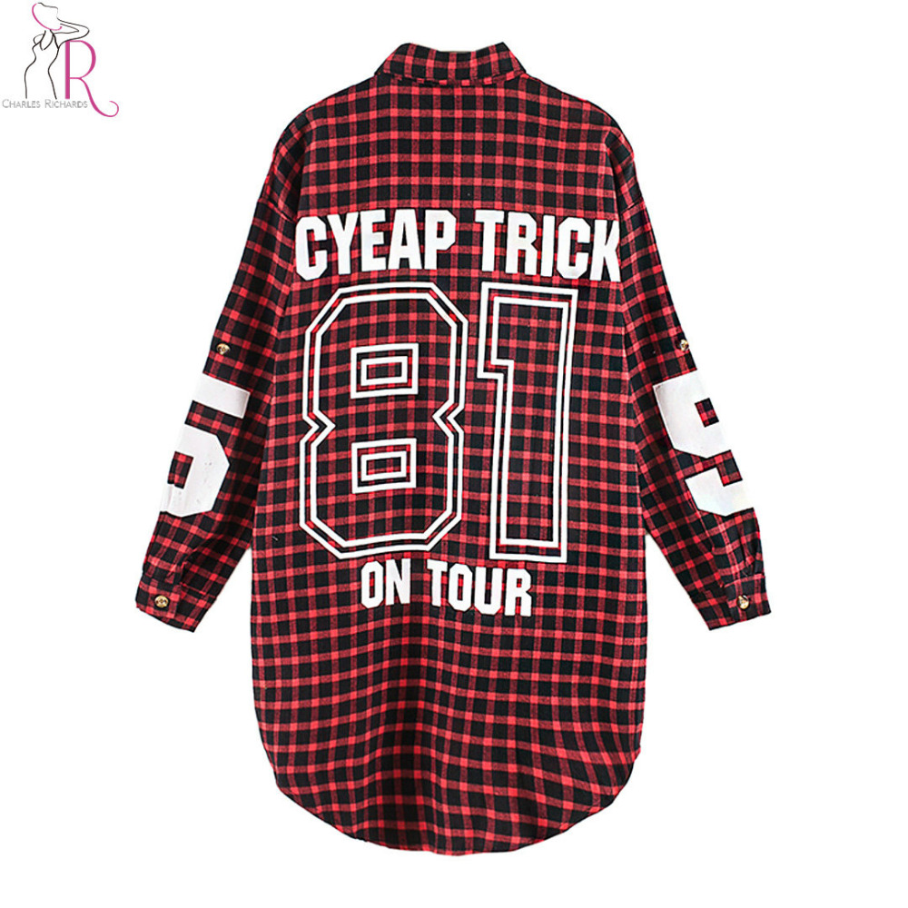 Image of Red Women Boyfriend BF Style Monogrammed Plaid Long Sleeves Long Oversized Loose Shirt W/ Back Letter and Numbers Print