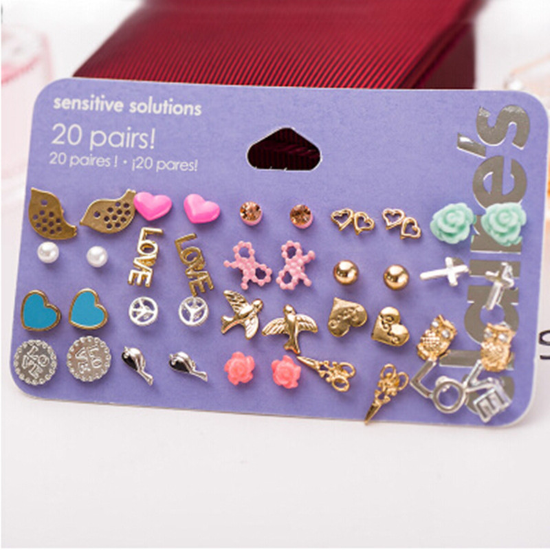 Image of Claire fashion accessories stud earring pack set 20 pairs birdIcecream stars cross flower love heart gift for women brincos R033